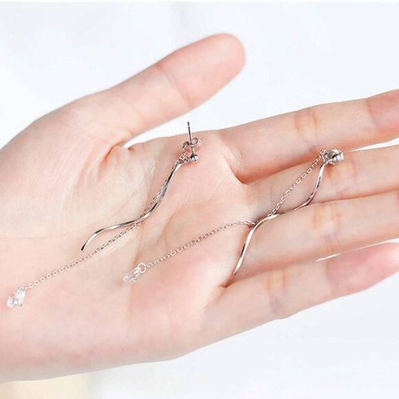 925 Sterling Silver Crystal CZ Single Chain Dangle Earrings with Stone * - Picture 4 of 4